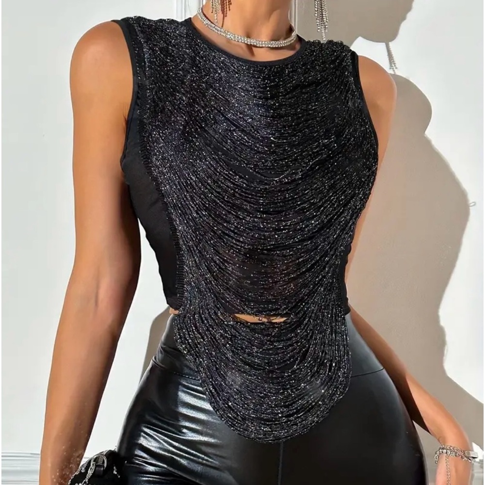 Chic Solid Color Ruched Tank Top Crew Neck Sleeveless Slim Fit Size L (8/10)